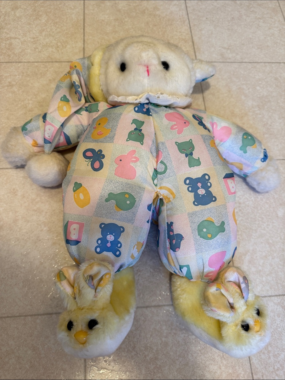 Vintage Plush Lamb Sleepy Interpur Doll in Pastel Multi-Color Pattern